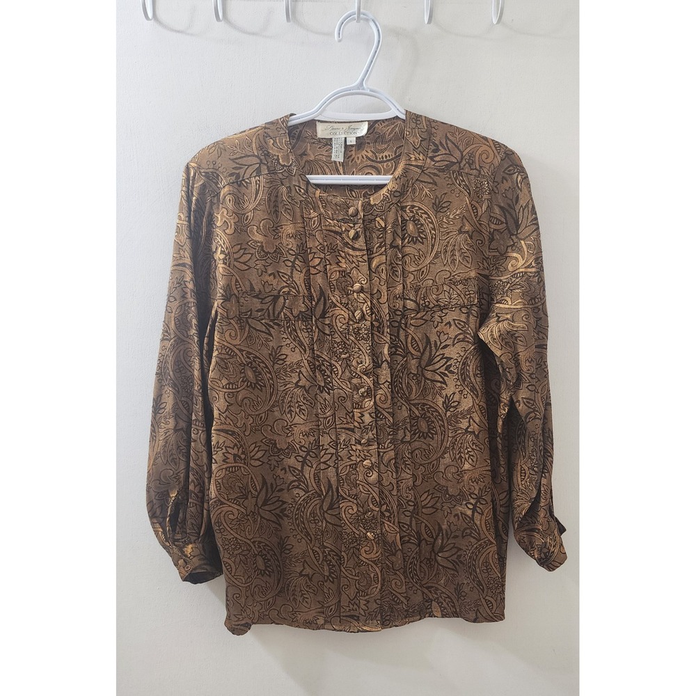 Laura & Jayne Collection Brown Gold Paisley Button Blouse Vintage Size 6